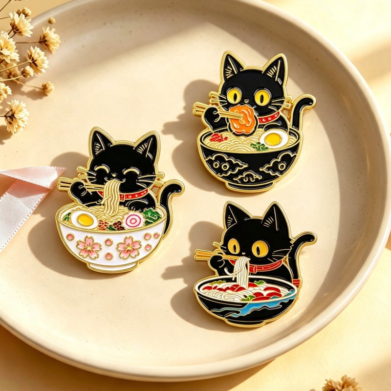 Cute Black Cat Eating Noodles  - đánh giá và giá Lapel Pin Enamel