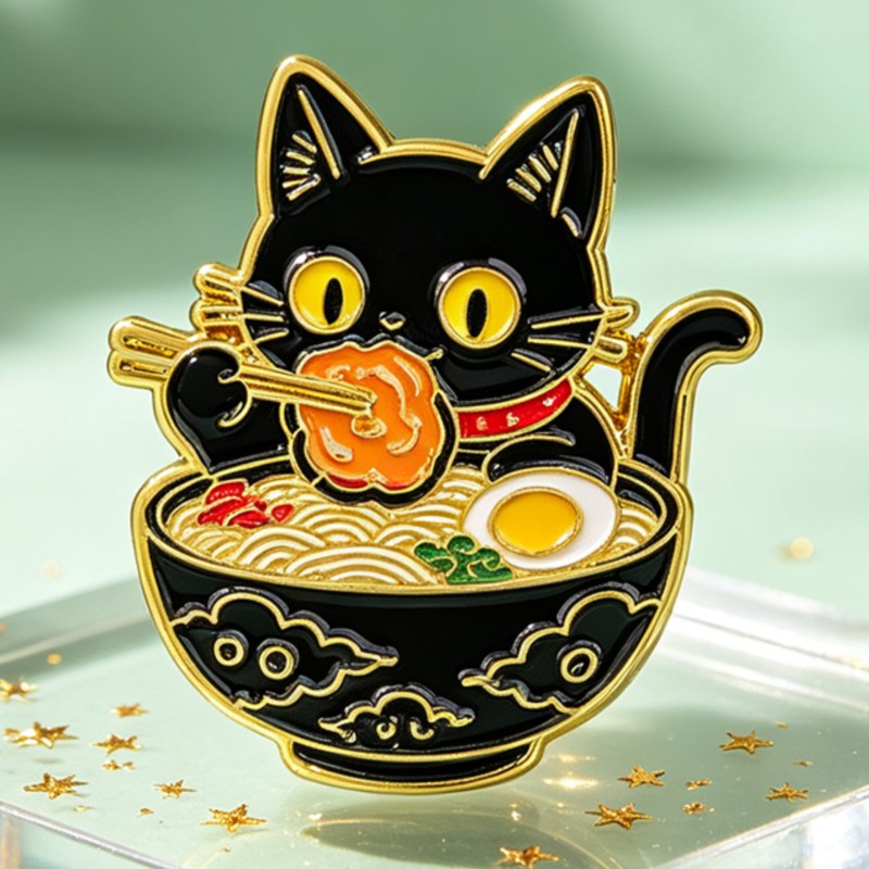Cute Black Cat Eating Noodles  - đánh giá và giá Lapel Pin Enamel