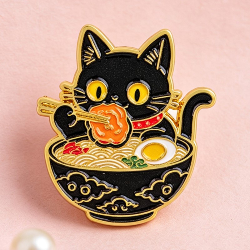 Cute Black Cat Eating Noodles  - đánh giá và giá Lapel Pin Enamel