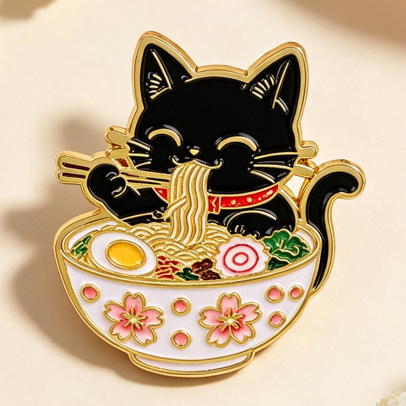 Cute Black Cat Eating Noodles  - đánh giá và giá Lapel Pin Enamel